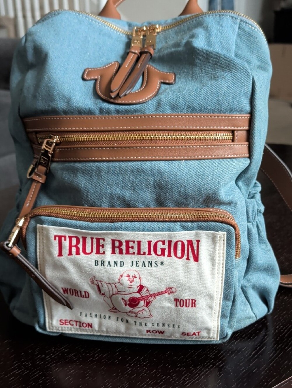 True Religion Light Blue Denim Backpack with Brown Trim and Gold Hardware - Picture 5 of 5